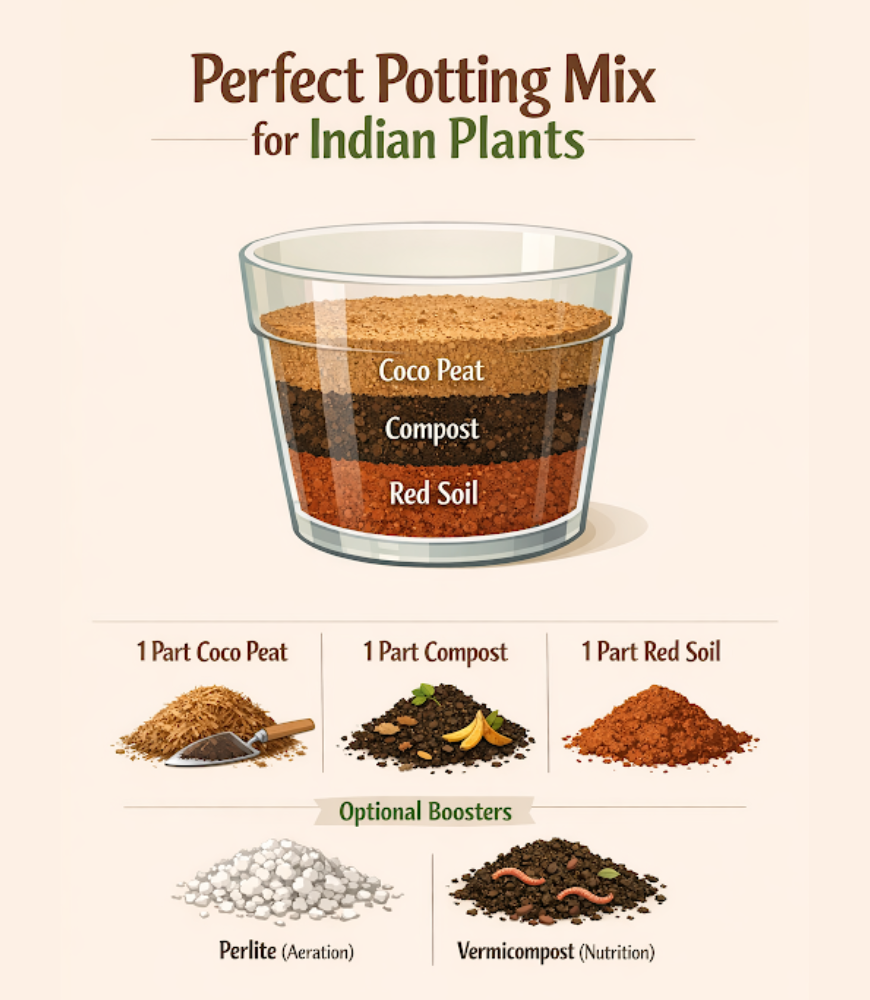 Diagram showing ideal potting mix for Indian container gardening with equal parts coco peat, compost, and red soil, plus optional perlite and vermicompost for better drainage and nutrition.